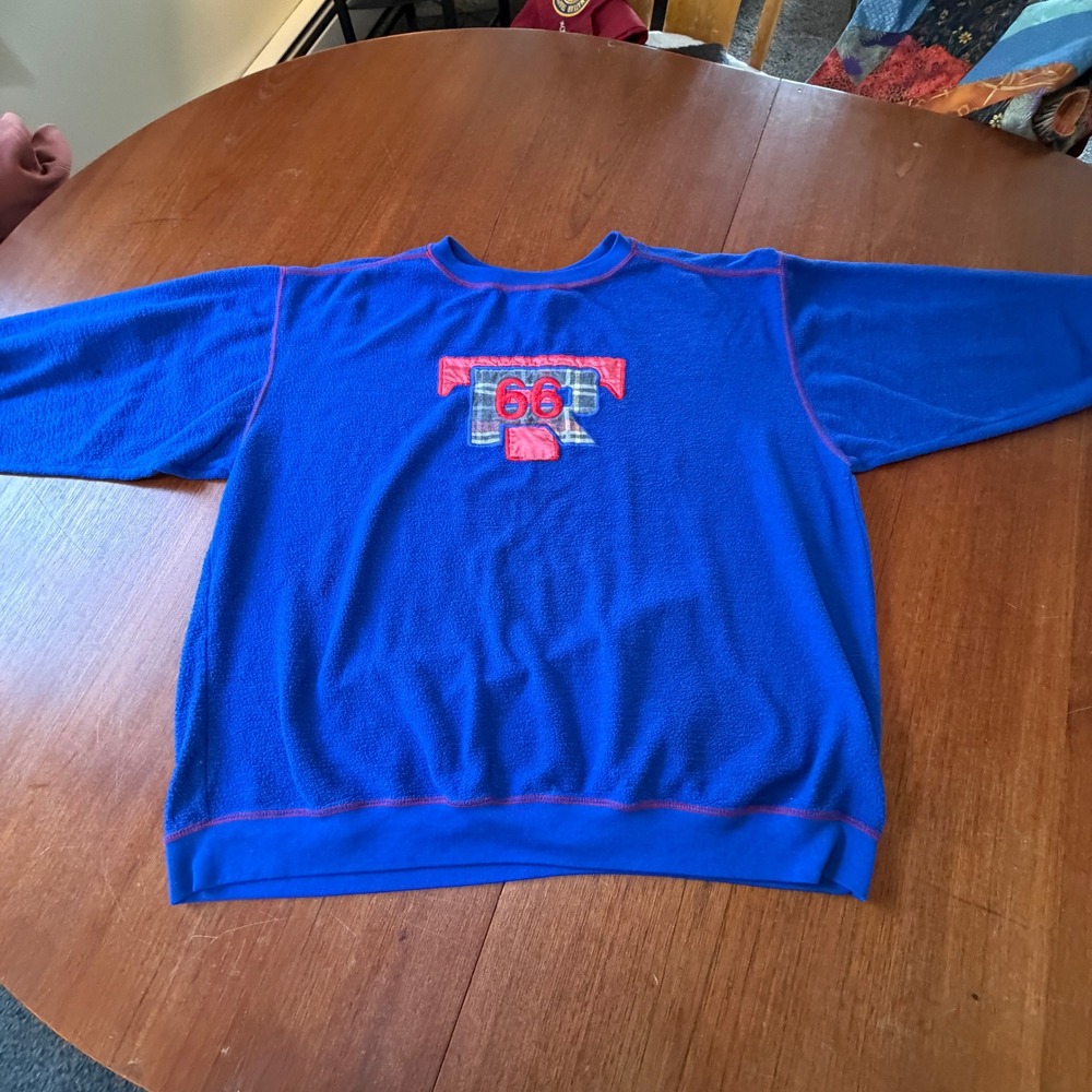 Vintage Route 66 Blue Fleece Sweatshirt 1X Plaid Applique Graphic Crewneck Retro